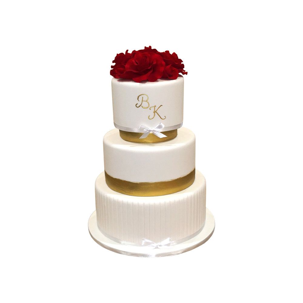 White & Gold Cake (Red Roses)